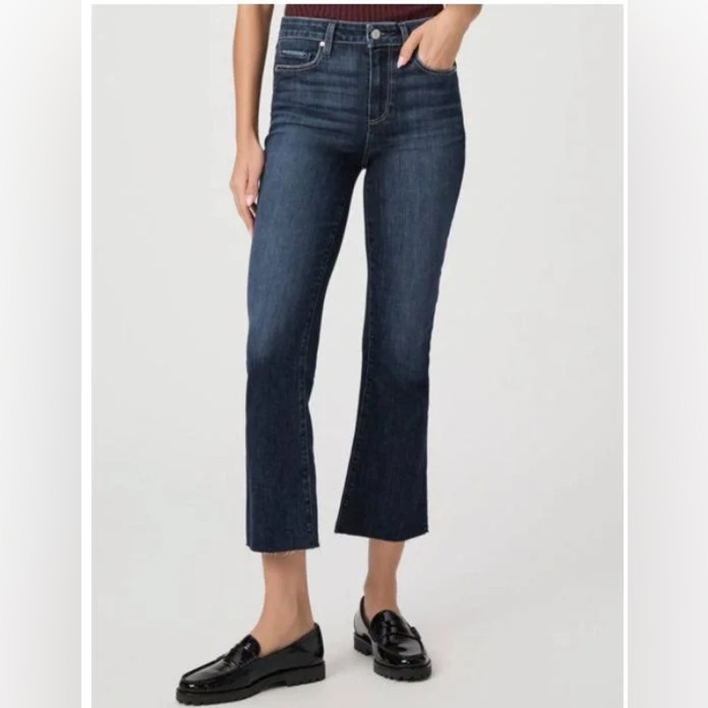 Paige Collette High Rise Kick Flare Raw Hem Dark Wash Faded Jeans, Women's Sz 29